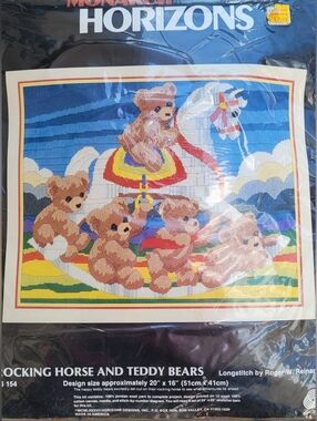 Vtg Monarch Horizons 20X16 longstitch needlepoint Kit Rocking Horse & Teddy Bear